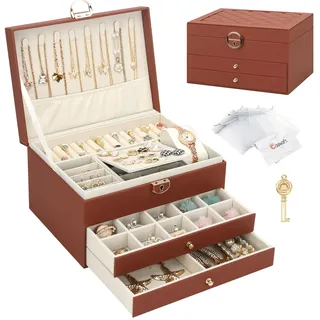 Schmuckkasten, Schmuckkästchen mit 3 Ebenen mit Schubladen, PU-Leder Schmuckbox Schmuckschatulle Groß Schmuck Organizer für Ringe Ohrringe Armbänder Halsketten, Braun