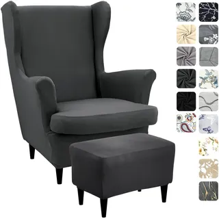 Alishomtll 3 Teilig Ohrensessel Überzug Mit Ottomane Schonbezug Stretch Sessel-Überwürfe Elastisch Sesselhusse Strandmon Tiger Stuhlbezug mit Armlehne Hohe Rückenlehne Universal (Dunkelgrau)