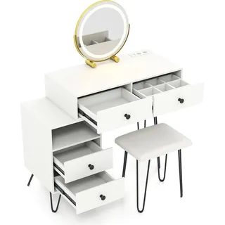 COSTWAY Schminktisch Set mit Hocker, Kosmetiktisch Frisiertisch mit Beleuchtung, Steckdose, drehbarem Spiegel, 4 Schubladen & offenem Fach 98x40x120cm - Weiß, Schwarz
