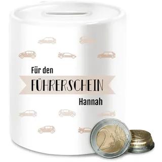 Spardose für den Führerschein mit Name personalisiert I Fahrerlaubnis Sparbüchse Lappen - Unisize - Weiß - geldgeschenk fahrschule fuehrerschein Auto Kasse personalisierte Roller spardosen zur