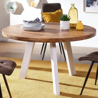 FineBuy Esszimmertisch rund 130x77x130 cm Sheesham Massiv Esstisch Beine Weiß Runder Holztisch mit Metallbeinen Massivholztisch Esszimmer Küchentisch - Braun