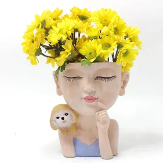 KOCNYDEY Gesicht Blumentopf Niedlich Mädchen und Hund Pflanzgefäß Harz Damen Gesicht Kopf Pflanztopf mit Drainage Loch Sukkulenten Pflanztopf für Pflanzen Blume Kaktus Garten Indoor Outdoor