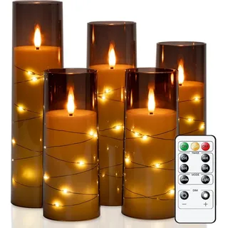 Homemory Flackernden Flammenlose Kerzen mit Lichterkette, Batteriebetriebene Kerzen mit Fernbedienung und Timer, Eingebettete Lichterkette LED-Kerzen, Acryl, Heimdekoration, Grau, 5er-Set