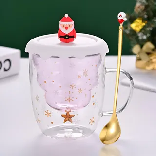 Syfunlv Süße Weihnachtstasse Geschenk, Weihnachten Doppelwandige Glastassen mit Deckel&Löffel,Espressotasse Weihnachten Grinch Tasse, Teegläser, Milchtasse, Weihnachtsbaum Kaffeetassen (Stil 6)