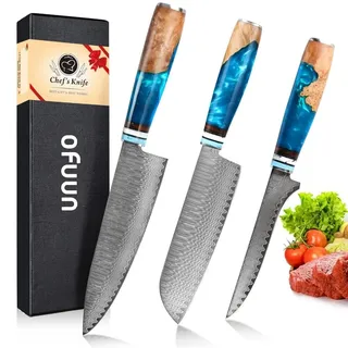 oFuun Küchenmessersets Damast Kochmesser Profi Messer, 3-Teilig Scharfes Küchenmesser Messer Chefmesser 20cm Japanisches Messer Damaststahl 67 Schichten mit Ergonomischem Griff Fleisch