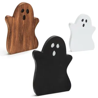 DN DECONATION Halloween Deko, Geister Holz Schilder Set, Boho Grusel Deko | Niedliche Geister Holz Schilder, 3er Set, Boho Vintage, gruselig, vielseitig für Tisch, Regal, Kaminsim & Etagere, Halloween