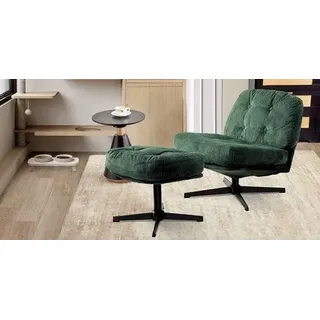 J&R Cord Loungesessel - Sessel - Relaxsessel - Drehsessel - Dicke Kissen - Mit Fußhocker - Grün - Grün