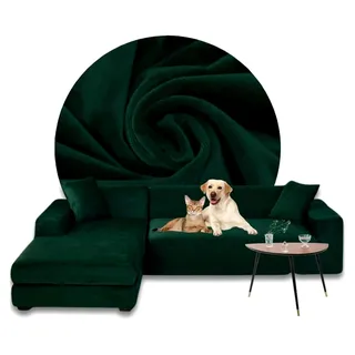 Ecksofa Bezug Dunkelgrün – Sofabezug L-Form – Eckcouch Überwurf – Lounge Abdeckung L-Form – Samt Stretch Couchbezug – Sofahusse für Schlafcouch - 3-Sitzer + 3-Sitzer - 2 x 190-230CM