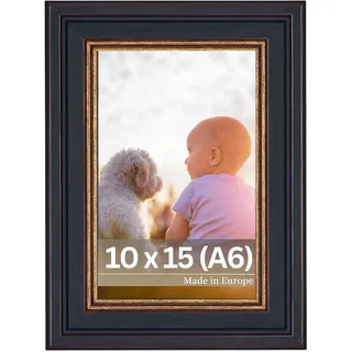 VictoR Bilderrahmen Goya in schwarz gold in 10x15 cm (A6) - Leiste: 31x19mm - Fotorahmen im vintage Stil mit bruchsicherem Acrylglas - Bilderrahmen 10x15 schwarz