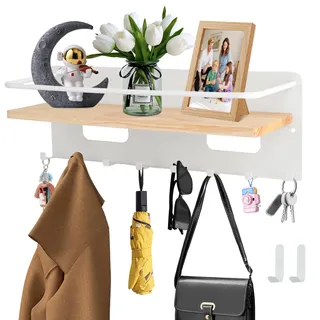 GEEKHOM Schlüsselbrett mit Ablage & 8 Haken – Holz Schlüsselhalter Wandmontage (Bohren) – Modern Schlüssel Aufbewahrung Wand Organizer Inkl. 2 Klebehaken für Flur, Küche, Eingangsbereich (weiß)