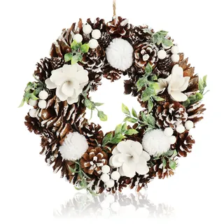 COM-FOUR® Türkranz Weihnachten - Adventskranz mit Zapfen, Beeren, Puscheln und Blüten - Dekokranz - Weihnachtsdeko - Tischkranz - Weihnachtskranz