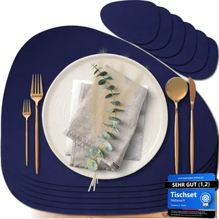 Mahewa® 6er Set Premium Tischset aus Kunstleder - Platzset abwaschbar und wasserdicht - Platzdeckchen Telleruntersetzer in Lederoptik (Dunkelblau, Oval)