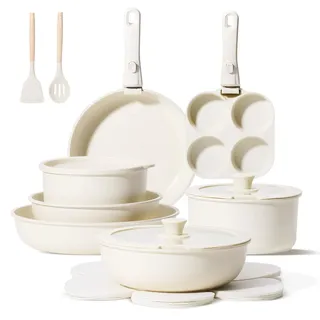 JEETEE Topfset Pfannenset mit abnehmbarem Griff 19-Teilig, Antihaft Topfset Induktion mit Lid, Stapelbar Kochtopf Set Für alle Herdarten, Outdoor Camping Kochgeschirr Set, Ofenfest, Beige