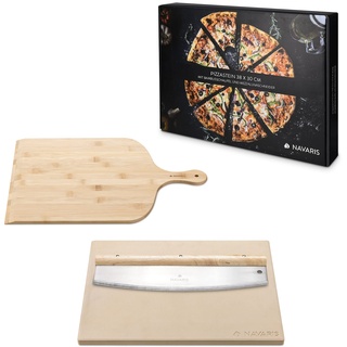 Navaris Pizzastein für Backofen Grill aus Cordierit - 38x30cm Pizza Stein für Ofen mit Pizzaschaufel und Mezzaluna Messer - inkl. Rezeptbuch - Beige