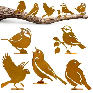 Coco Berming 5er Set Edelrost Vögel Baumstecker, Rost Gartendeko für Draußen & Zäune, Metall Vogel Gartenfigur zum Einschrauben, Wetterfeste Frühlingsdeko für Bäume, Pfähle & Garten (Stil A)