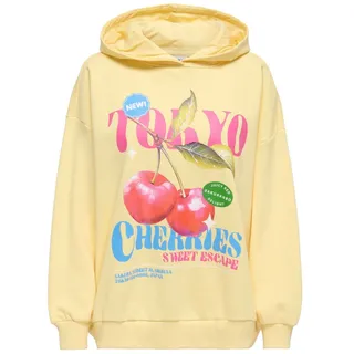 Sweatshirt ONLY "ONLELO L/S PRINT HOOD BOX SWT", Damen, Gr. S, sunlight print:cherries, Sweatware, Obermaterial: 60% Baumwolle, 40% Polyester, bedruckt, regular fit normal, Rundhals, Sweatshirts Sweatshirt, Baumwollmischung, regular fit