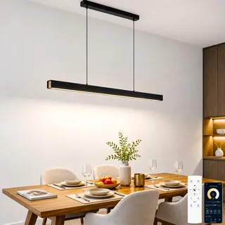 Moderne LED Pendelleuchte Schwarz mit Holz-Dekor Fernbedienung & App 80CM | Lineare Hängeleuchte Kücheninsel, 3 Farbtemperaturen, Dimmbar, 32W/2200LM, Höhenverstellbar, Moderne Esszimmer Lampen Hängend