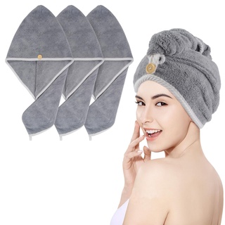 VIVOTE Haartuch Turban, Mikrofaser-Haartrocknungshandtuch, super weich und saugfähig, mit Knopf Mikrofaser Haarturban für die Haare Schnelltrocknend, 30 x 70cm, grau, 3 Stück