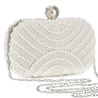 Xuhal Damen-Clutch mit Perlen, Abendtasche, Handtasche, künstliche Perlen, Braut-Geldbörse mit Kette, für Hochzeit, 1920er-Jahre-Party, silber