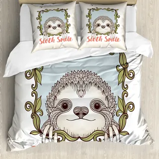 ABAKUHAUS Faultier Bettbezugs Set Für Doppelbetten, Niedlichen Tier Floral Frame, Milbensicher Allergiker geeignet mit Kissenbezügen, Orange Olivgrün Weiß