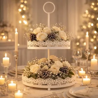 DRULINE Etagere 2 Stöckig 44 cm hoch Ø 20/25 cm Romantik Obst Etagere Weiß Deko Metall weiß Obst Nostalgie Geschenkidee Servier-Teller Kleine Landhausstil Servierständer
