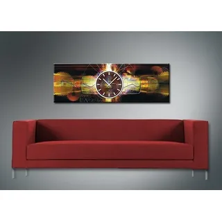 3707 "TIMEWARP021" Dixtime Designer Wanduhr, Wanduhren, imposante Wohnraumuhr, edle Bürouhr, gedeckte Farben, Zahnräder 35cm x 100cm - Gelb