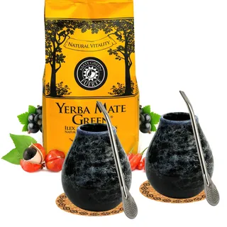 Yerba Mate Tee Starter Set fur Zwei mit Mate Green Fuerte 1kg ● Keramik mate becher Marmol 350ml ● Brasilianischer Matetee mit Kräutern ● Edelstahl trinkhalm Bombilla Liza und Korkpad