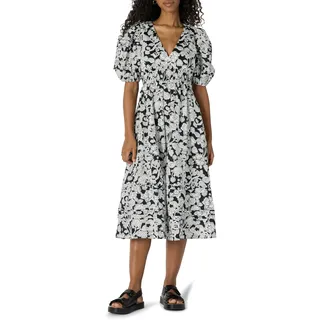 Amazon Essentials Damen-Midikleid aus Baumwollsatin mit Puffärmeln, Normale Passform, Schwarz/Elfenbein, Folk-Blumenmuster, Größe XL