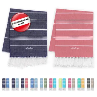 LeStoff 2er-Set Hamamtuch 95 x 180 cm - 100% Bio-Baumwolle, Vorgewaschen, Nachhaltig, Leicht, Saugstark & Schnelltrocknend, Reisehandtuch, Campinghandtuch, Badetuch, Saunatuch, Strandtuch (Navy + Red)