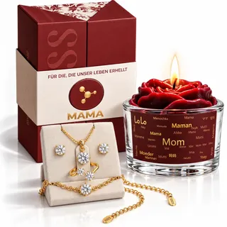 Geschenk Mama – Muttertag, Geburtstag – 14 Karat vergoldeter Schmuck | 4 verstellbare Schmuckstücke, 14 Karat vergoldet + handgefertigte Duftkerze als Blume mit „Mama“ in allen Sprachen