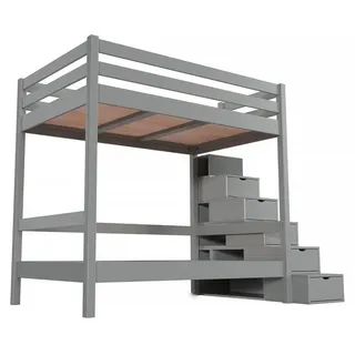 Etagenbett 4 Personen 120x200 Holz mit Treppenregal Sylvia - Grau - Grau