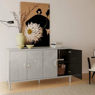 STILVORA 152CM Sideboard Beistellschrank mit 4-türiger und arbeitsplatte,Buffetschrank mit Gravierte Linien und halbkreisförmige Griffe,Aufbewahrungsschrank für Wohnzimmer, Schlafzimmer und Küche - Beige