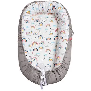 SONARIN Babynest babynestchen 100% Baumwolle,multifunktionales Kuschelnest für Babys,hypoallergen, mit Kissen, tragbar,Nestchen Reisebett für Babys und Säuglinge(Regenbogen-Rosa)