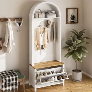 okwish Garderobenschrank mit Ablagefläche und Haken,Kompaktgarderoben-Set mit Schuhfach und Eisenfüße,Garderobenset mit Schuhkipper,Holzfarbe + Weiß - Weiß