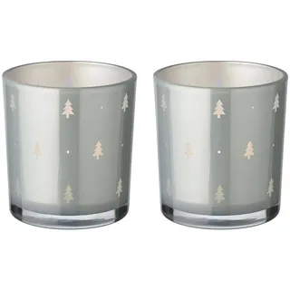 Edzard 2er-Set Teelichtglas Tani (Höhe 8 cm, grau, Tannen-Motiv