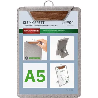 SIGEL KB224 Klemmbrett DIN A5 hellgrau/braun, mit Aufstellfunktion, stabiles, stylisches Clipboard mit edler Leinenstruktur, strapazierfähig und leicht abwischbar, für Speisekarten