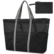 GAGAKU Strandtasche mit Reißverschluss XXL Familie Badetasche Extra Große Netztasche für Damen, Beach Bag Mesh Tasche für Strand Reisen Shopping - Schwarz