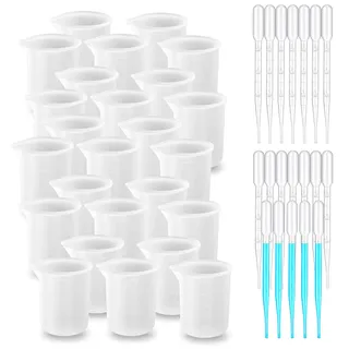 Woohome 25 Stück Silikon Messbechern für Harz, 100 ml Silikon Messbecher Antihaft Mischbecher Mischbecher Epoxidharz Silikonbecher mit Plastiktropfen für Epoxidharzmischung, Schmuckherstellung