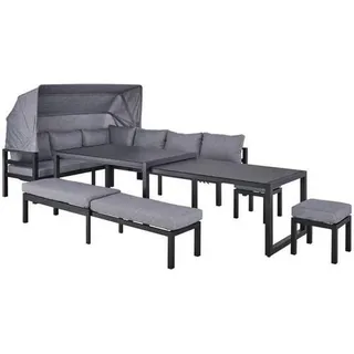 Amatio Loungegarnitur , Dunkelgrau, Dunkelbraun , Metall, Glas, Textil , 19-teilig , Füllung: Schaumstoff,Polyester , 360x65x152 cm , Gartenmöbel, Loungemöbel, Loungegarnituren