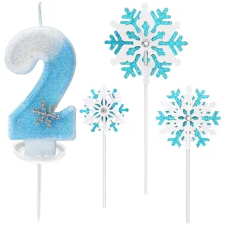 Glitzernde Zahlenkerze 2 mit Schneeflocken-Deko –Geburtstagskerze für Mädchen, Kerze 2 Geburtstag Kinder, Kerzen für Kuchen, Blau-weißer 3D-Glitzer & Tropfschutz