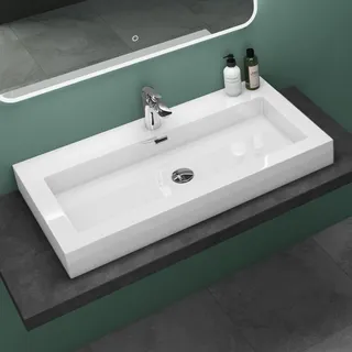 mai & mai Waschbecken Col18 Hängewaschtisch Aufsatzwaschbecken Mineralguss Weiß 1 Armaturenloch rechteckig Breite: 90 cm