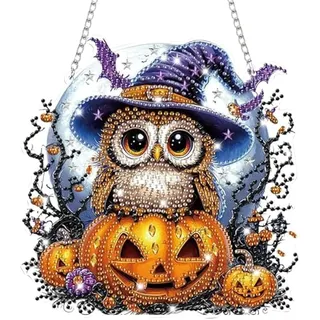 MLPKOI Halloween Diamond Painting Anhänger Eule mit Kette, Diamant Malerei Bilder Kristall Anhänger, Diamond Painting Fensterbilder Eule Kürbis Herbst Deko Fenster, Tür Fenster Wand Eingang Decor