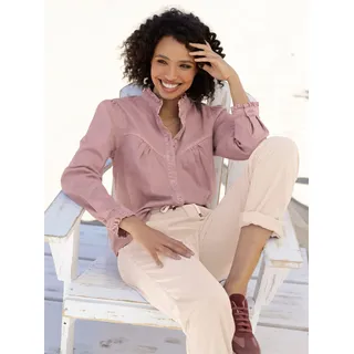 Jeansbluse HEINE, Damen, Gr. 34, lila (hortensie), 98% Baumwolle, 2% Elasthan, unifarben, Rundhals, Blusen Jeansbluse