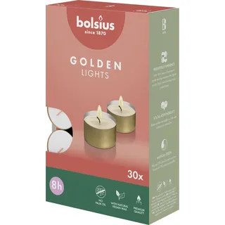 Bolsius Teelichter mit goldenem Becher - 30 Stk. - 8 Stunden Brenndauer - Dekorative Haushaltskerzen - Unparfümiert - Mit Natürlichem Pflanzenwachs - Ohne Palmöl