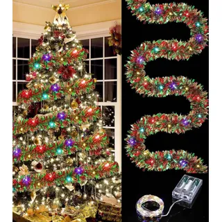 Octonyluck Weihnachtsgirlanden mit Mehrfarbigen Lichtern, 5m Weihnachtsbaum Lametta Girlande, Glänzend Weihnachtsbaum Ornamente, Weihnachtsdeko Lametta für Weihnachtsbaum Weihnachtsfeier, Farbe