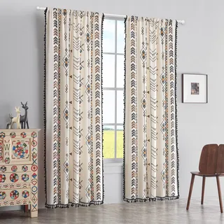 Boho Vorhänge Quaste Rand Bohemian Fenstervorhänge Geometrisches Muster Gestreifte Vorhänge Baumwollvorhänge Leinenvorhang Beige Schlafzimmer Wohnzimmer Stangentasche Fenstervorhänge (59 Zoll breit x