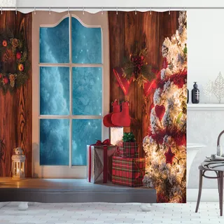 ABAKUHAUS Weihnachten Duschvorhang, Gefrorene Schnee Haus, Pflegeleichter Stoff mit 12 Haken Wasserdicht Farbfest Bakterie Resistent, 175 x 220 cm, Rot-Blauen - Weiß