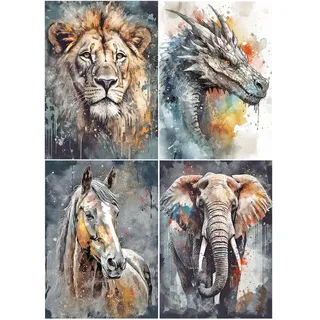 SHEGZHUC Diamond Painting Tiere 4er Set 30x40cm - Malen Nach Zahlen 5D Diamant Löwe, Drache, Pferd, Elefant - Erwachsene Bunt Mosaik Bastelset