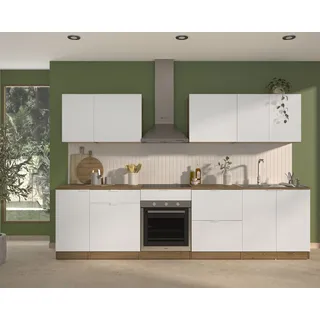 Küchenzeile GAMI "300 cm breit EDEN ohne E-Geräte", weiß (küche: weiß, front: weiß, korpus: eiche helvezia nachbildung, arbeitsplatte: eiche helvezia nachbildung), B:300cm H:200cm T:60cm, Komplettküchen-Sets, Küchenzeile, mit melaminbeschichteter Oberfläche, robust und pflegeleicht