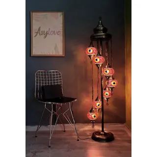 Handgefertigte türkische Stehlampe mit 7 bunten Glaskugeln – orientalische Bodenlampe im Mosaikdesign in Rot